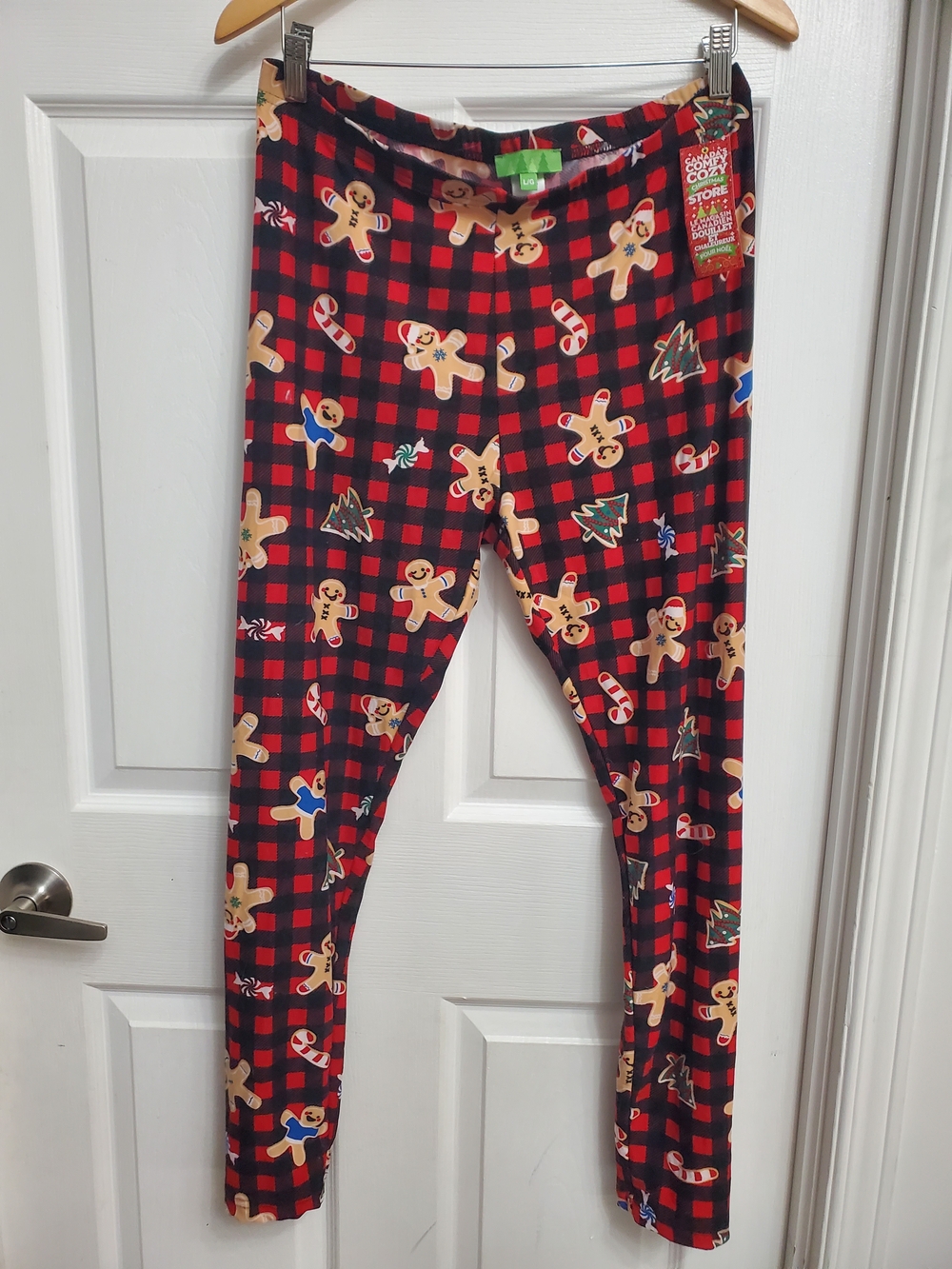 Red Buffalo Plaid Gingerbread Print Pajama Leggings - SIZE L/G